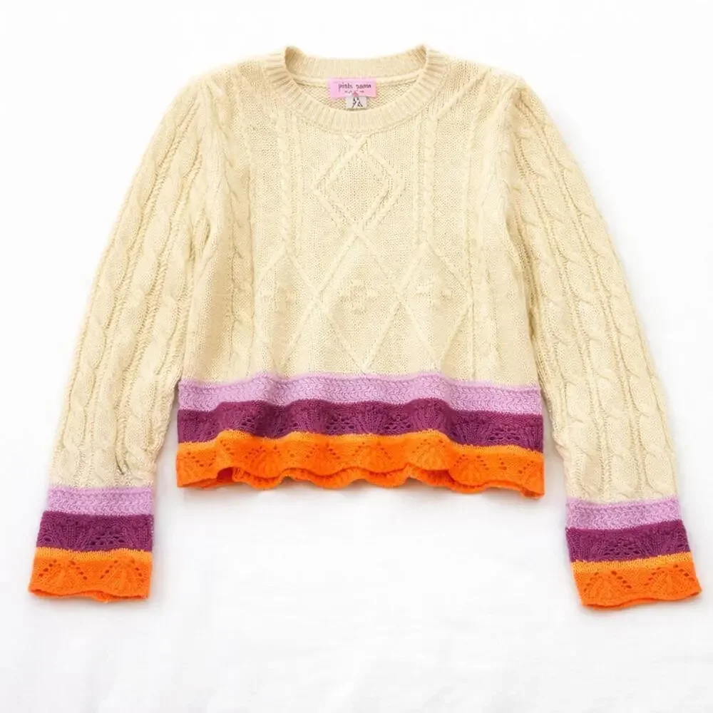 Pink Robin Cable Knit Colorblock Sweater Scalloped Hem XS